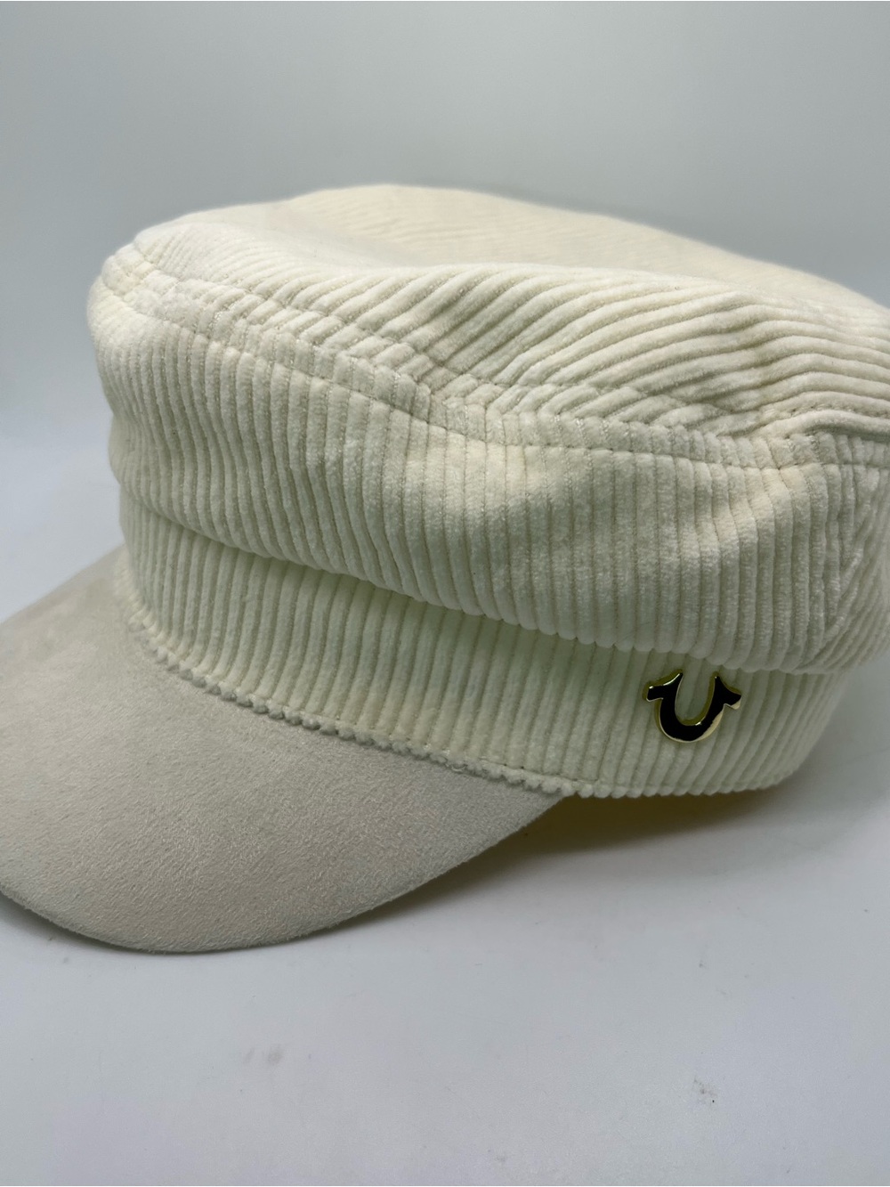 True Religion Cream Corduroy Newsboy Women’s O/S Cream Logo Suede Hat Cap